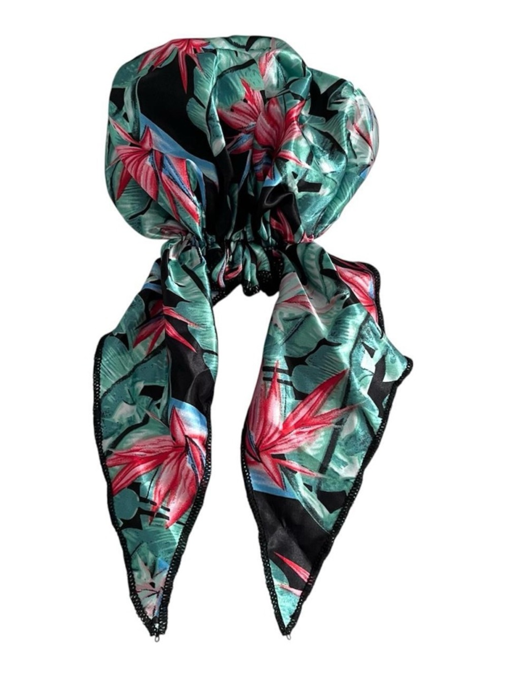 Tropical Floral Satin Scrunchie Scarf - Black, Teal & Pink